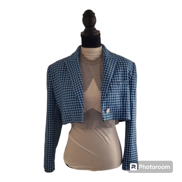 Zara Blue Checked Cropped Blazer - Picture 2 of 8